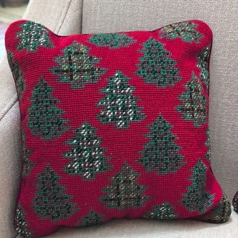 Festive Red & Green Needlepoint Christmas Tree Holiday Pillows Vintage Set of 2